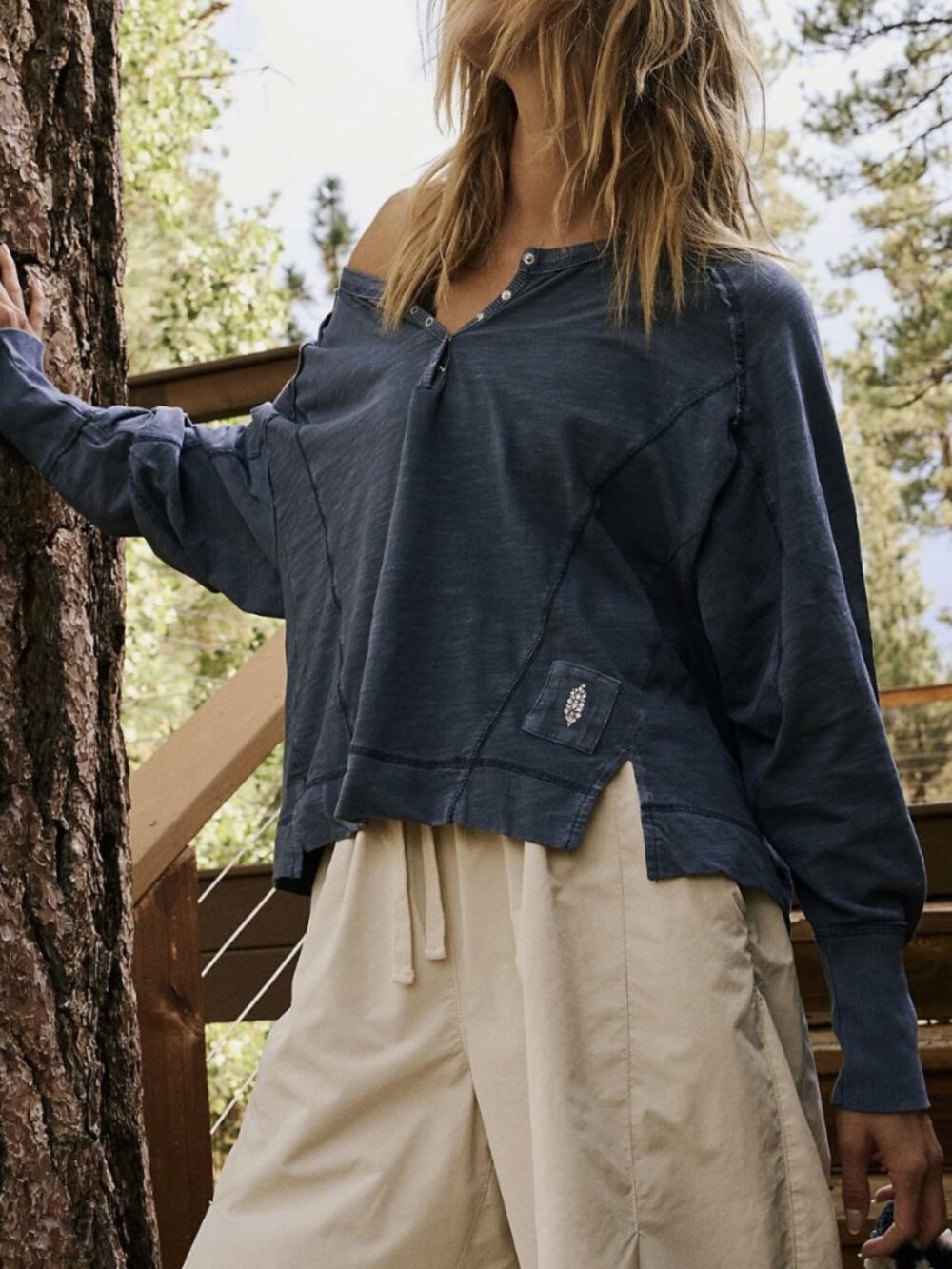 Free People Movement Blue Long Sleeve Winner Layer Henley Top